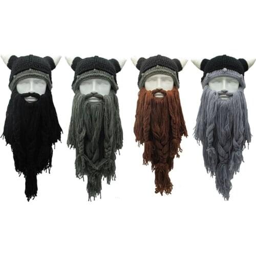 Funny Crazy Halloween Cosplay Men Knit Viking Beard Horn Hat Ski Mask Cap Barbarian Vagabond Cool Beanie Winter Warm Unisex Hat