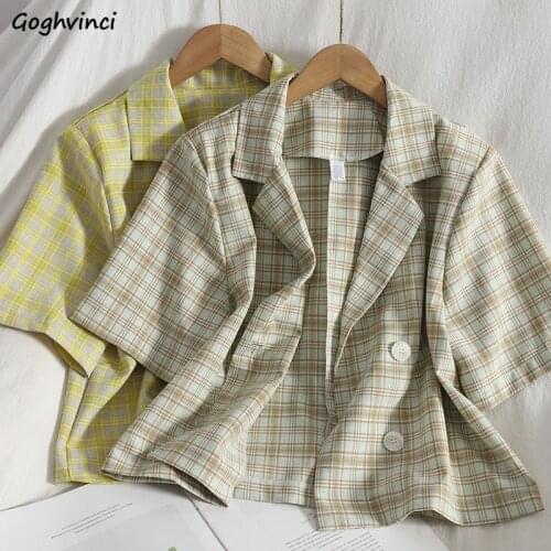 Shirts Women Plaid Ulzzang Leisure Female Double Breasted Chic Summer Retro Streetwear Stylish Student Preppy Style Mujer Ropa