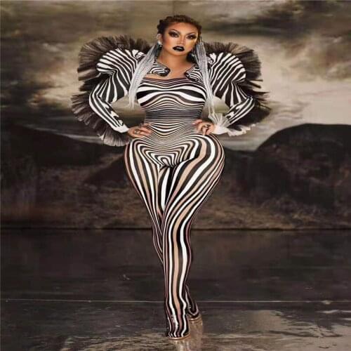 Y93 Female zebra pattern jumpsuit stretch bodysuit cosplay stage dance costumes singer leotard outfit dress clothes party wears