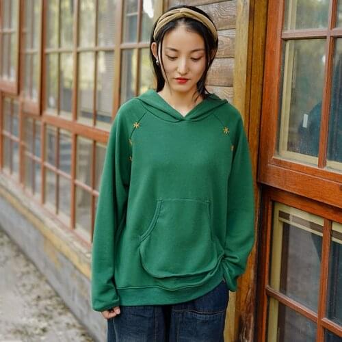 Johnature Women Pullover Hooded Sweatshirts Embroidery Vintage Pockets Long Sleeve 2020 Autumn New Solid Color Casual Hoodies