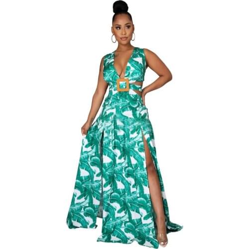 Leaf Print Sexy Casual Dress Summer Irregular Fashion Boho Casual Dress For Women Sleeveless High Waist Maxi Dresses Party 4XL