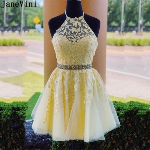 JaneVini Halter Appliqued Yellow Cocktail Dresses 2020 Beading Waist Sexy Backless Short A Line Tulle Lace Formal Party Dress