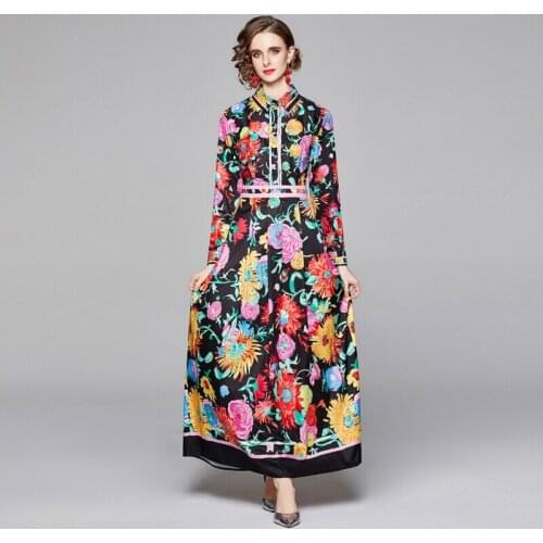 2021 Newest Fall Summer Runway Floral Print Beach Vestidos De Fiesta Long Sleeve Robe Femme Party Casual Holiday Boho Maxi Dress