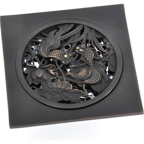 10x10cm Antique Copper Carved Floor Drain Classical Nickel Bathroom Shower Deodorant Square Floor Drain Filter Cover Floor Drain