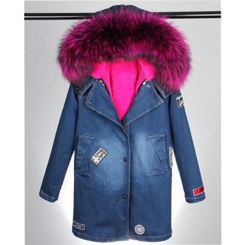 2020 New Women Winter Parka Fur Jacket Fashion Denim Coats Thick Large Real Raccoon Fur Collar Detachable Fur Liner Free Shippi