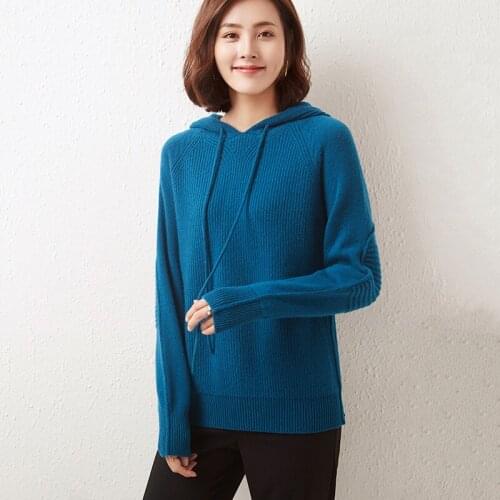 2021 Women 100% Fine Wool Thick Hooded Sweater Raglan Sleeve Brand Style Hoodies Knit Hoody Pullover Soft Wool Cute Solid Colors