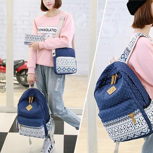 3pcs Cute Bohemia Learning Pattern Book Bag Shoulder Bag Pencil Case Set Waterproof Traveling Canvas Students School Backpacks