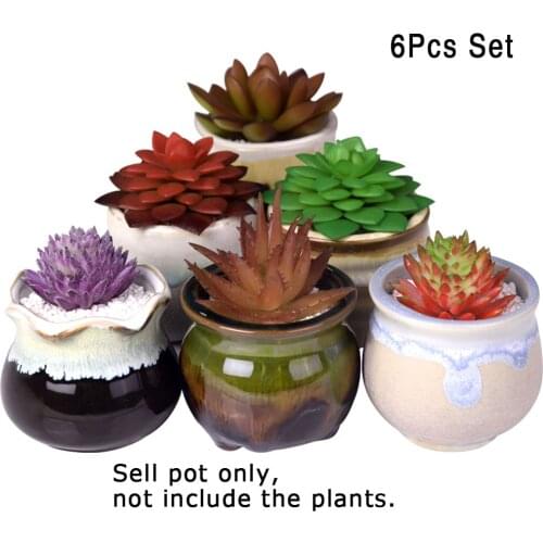 6pcs Glazed Ceramic Bonsai Cactus Planter Succulent Flower Pot Set Desk Base Serial Set Garden Decors Gift 5.8*5.6"