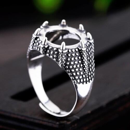 925 Sterling Silver Men Engagement Semi Mount Ring 13x13mm Round Cabochon Ring Setting Vintage