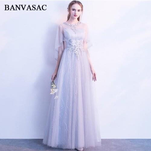 BANVASAC Illusion O Neck Lace Flowers Appliques Long Evening Dresses 2018 Party A Line Crystal Half Sleeve Prom Gowns