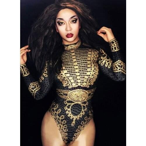 Nightclub long sleeves Black Gold Crystals Bodysuit stage show Leotard Outfit bar costumes party favors christmas gifts