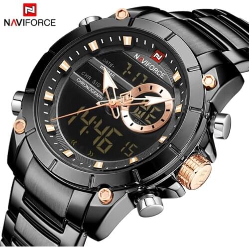 NAVIFORCE Military Sport Mens Wrist Watch Quartz Dual Display Stainless Steel Waterproof Watches Male Digital Analog Alarm Clock