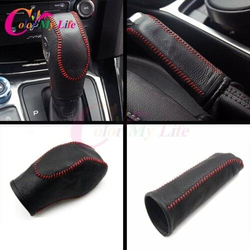 Color My Life Black Leather Shift Knob Cover Gear Head Covers Hand Brake Covers for Ford Focus 3 4 MK3 LHD 2012-2017 Accessories
