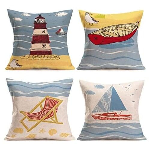 Retro Watercolor Oil Painting Lighthouse Cotton Linen Beach Theme Throw Pillow Case Cover Home Office Decorative 18 X 18 Inch