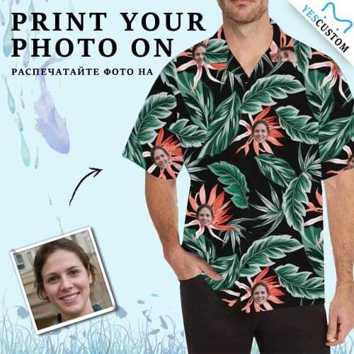 YesCustom T-Shirt Green Leaves Custom Face Photo Cardigan Beach Tee Printed Oversize Party Hawaiian Shirt Floral Blouses Tops
