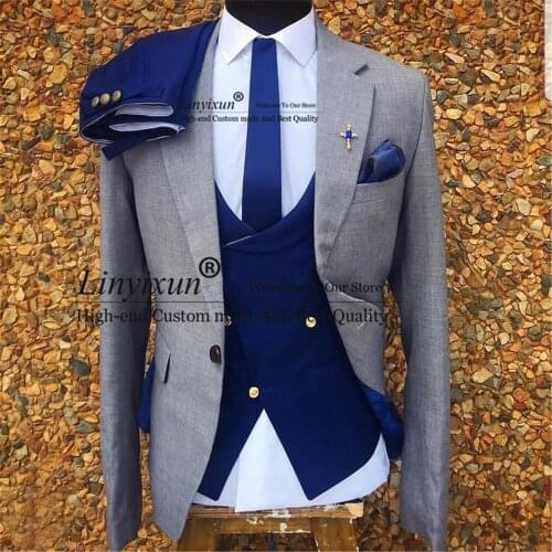 3 Piece Gray Wedding Tuxedo for Men Formal Suits Set Jacket Double Breasted Waistcoat with Royal Blue Pants Male Fashion Costume