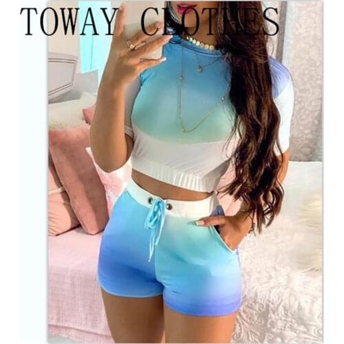 Two Piece Set Colorblock Tie Dye Short Sleeve Crop Top & Eyelet Drawstring Shorts Set ummer Vacation Suit
