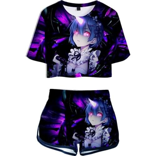 Hot anime Re:Life in a different world from zero 3D Two Piece set crop top and shorts ladies tracksuit Rem Ram Cosplay Costume