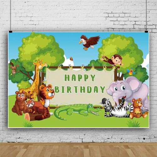 Laeacco Cartoon Jungle Safari Happy Birthday Party Baby Child Photozone Poster Customized Photography Backdrop Photo Background
