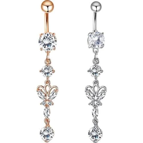 Crystal Butterfly Belly Button Piercing 14G Surgical Steel Sunflower Belly Piercing Ring Dangle Rose Gold Navel Piercing