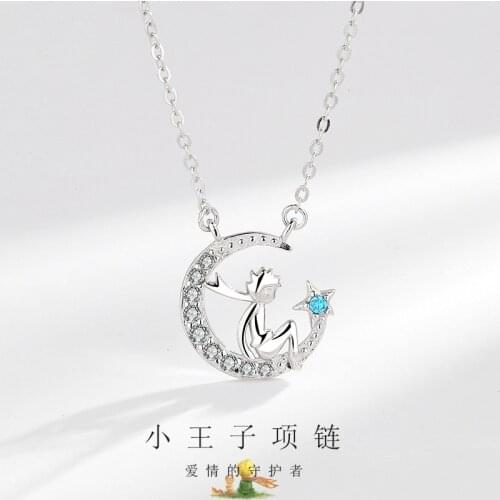 S925 Sterling Silver Diamond Star Moon Pendant Necklace Female Ins Unusual Creative Anime Little Prince Net Red Clavicle Chain