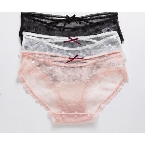 Sexy Simple Lace Panties Wave Point Control Mesh Lace Bow Translucent Cute Low-waist Womens Panties Hollow Woman Underwear