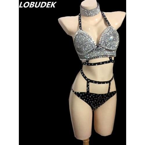 Sexy nightclub bar Shining bodysuit female costumes Bright silver crystal slim singer jumpsuit dancer show party prom star