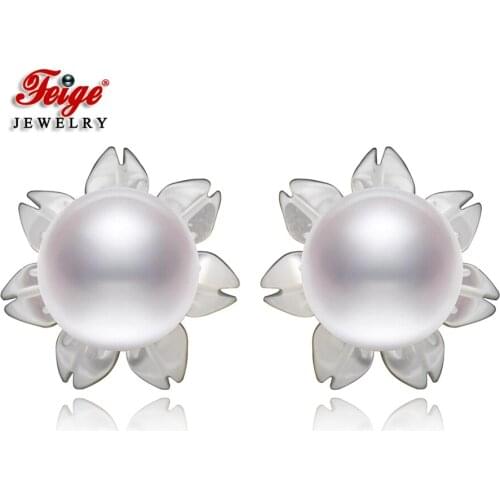 Cute Shell Flowers 925 Silver 3 Colors Natural Freshwater Cultured Pearl Stud Earrings for Girls Gifts Fashion Jewelry FEIGE
