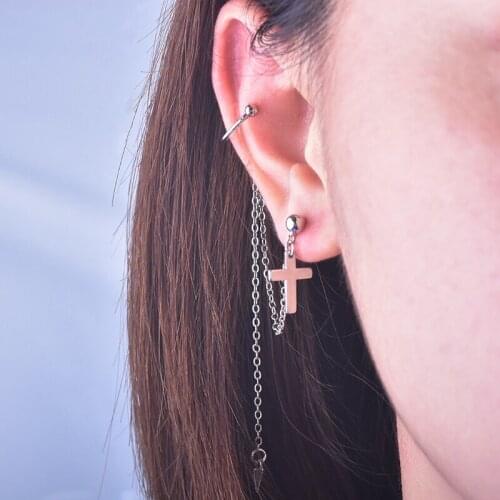 Fashion Punk Long Tassel Drop Earrings With Cross Pendant Ear Clip Geometric Charm Rock Party Wear Jewelry For Women