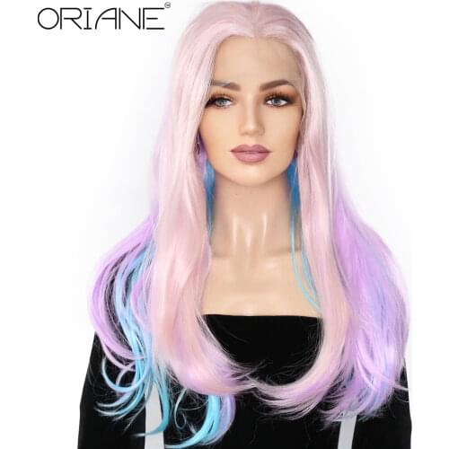 Synthetic Lace Front Wigs For Girls Light Pink Blue Daily Lolita Cosplay Wigs 26 Inch Natural Hairline High Temperature Lace Wig
