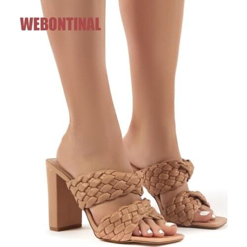 WEBONTINAL High Heels Slides Women Slippers Shoes Ladies Sandals Summer Square Toe Fashion Weave Female Footwear