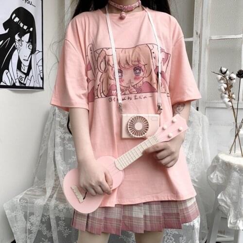 Cute Cartoon Sweet Girls Japanese Streetwear Harajuku JK Pink Kawaii Y2K Casual Tops Fun Vintage Loose Chic Summer Women T-shirt
