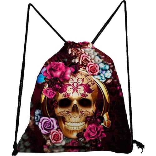 New Fashion Drawstring Bags Halloween Gift Candy Bag Cool Unisex Softback Bag Rose Skull Print Backpack Bag Portable Storage Bag