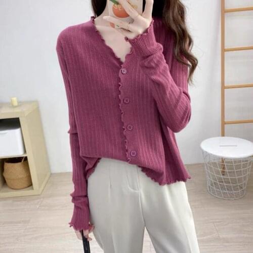 Long-sleeved sweater womens autumn 2021 new loose and thin wild thin v-neck cardigan sweater jacket with wood ears