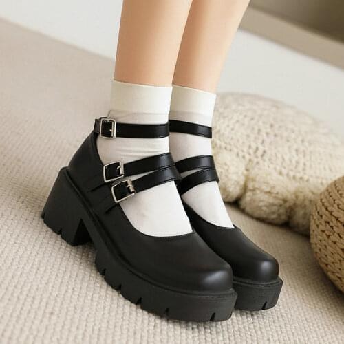 2021 New Womens Shoes Fashion Buckle Mary Jane Pumps Summer Thick High Heel Platform Shoes Ladies Round Toe Spring Dress Pumps
