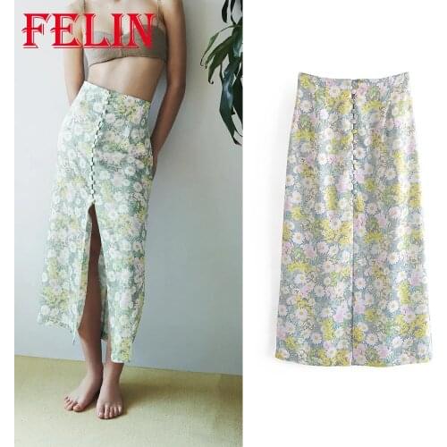 FELIN Za Vintage Floral Long Skirts Women Summer Front Split High Waist Chic Vintage Skirts Female Beach Styles Faldas Mujer