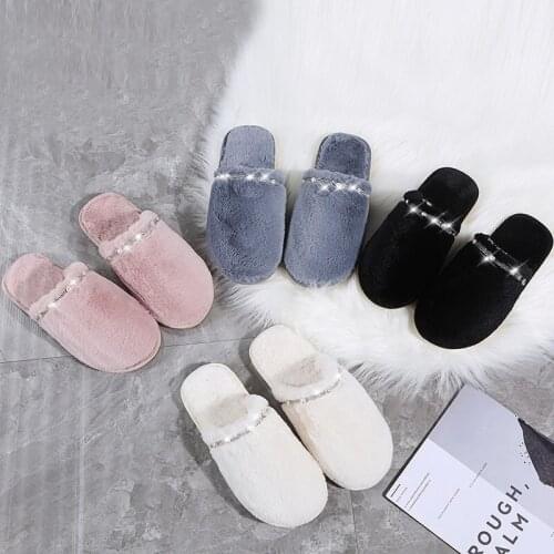 Womens Winter Slippers Warm Fur Ladies Flat Indoor Slippers Women String Bead Warm Plush Flock Female Footwear 2021 Hot