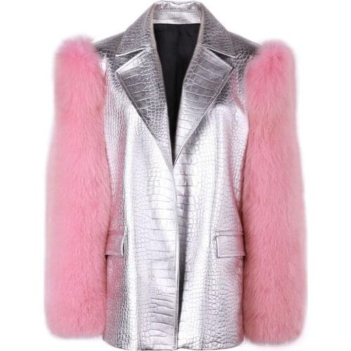 Oversized Women Real Fox Fur Sleeve Crocodile Pattern Leather Blazer Genuine Leather Jacket