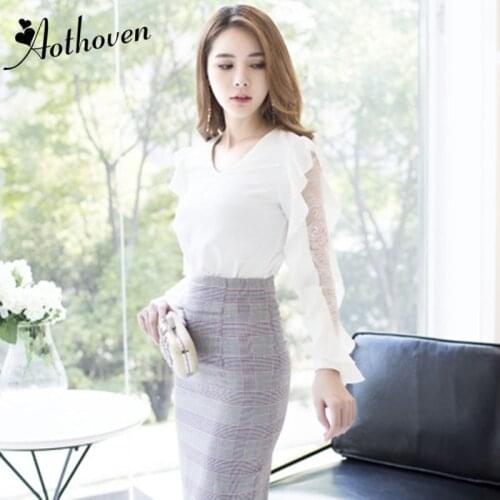 2 Piece Set Women Suit 2019 V Neck Long Sleeve Ruffle Shirt Tops and Plaid Asymmetrical Skirts Crop Top and Skirt Two Piece Set