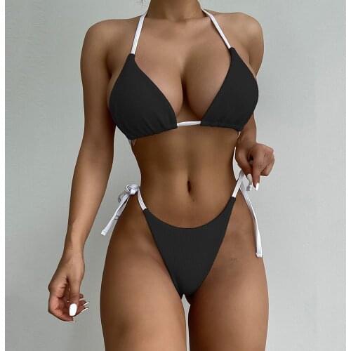 2021 New Sexy Halter Strappy Bikini Splicing Swimwear Women Swimsuit Female Solid Two Pieces Bikini Set Bathing Suits Beachwear