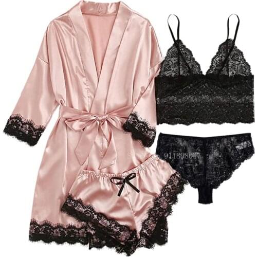 4PCS Pink Pajamas Suit For Women Satin Silk Pajamas Women Nightdress Lingerie Robe Underwear Sleepwear Sexy Home Clothes Femme