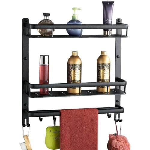 Bathroom Shelf Aluminium Bath Shower Rack Bath Shower Shelf Bath Shower Caddy Holder Wall Mounted Black Corner shelf with hooks