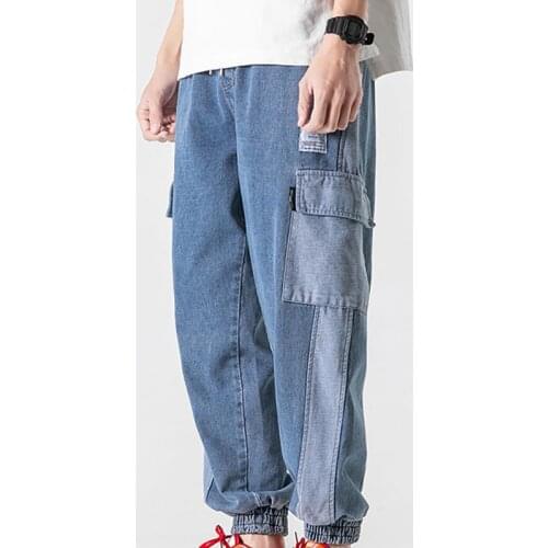 2021 Spring Autumn Black Blue Men Jeans Ankle Length Loose Casual Street Cargo Pants Drawstring Elastic Denim Trousers M-3XL