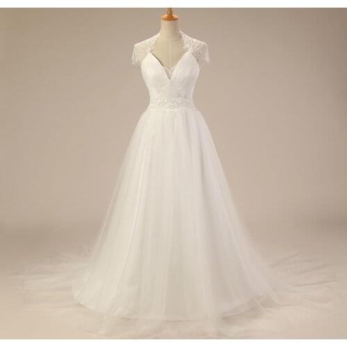 Long Tulle Lace Wedding Dress Queen Anne Neck Pleated Cheap Cap Sleeve Sheer Back Factory Price Beach Bridal Gown with Train 386