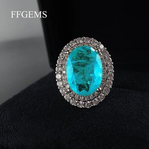 FFGems Vintage Silver create Paraiba Tourmaline Gemstone Wedding Diamonds big oval Rings for women Gift Fine Jewelry Wholesale