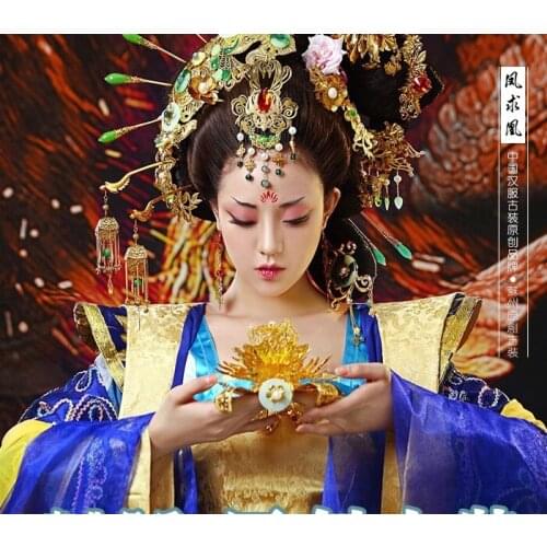 Thematic Photo Sapphire Blue Costume for Palace Empress or Princess of Tang Dynasty Womens Costume High Waist Feng Qiu Huang