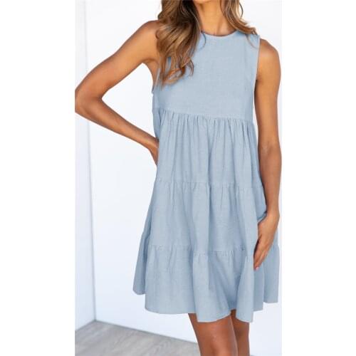 Fashion Women Summer Solid Color A-Line Dress Back Hollow Out Button Decor O-Neck Sleeveless Casual Female Loose Mini Dresses