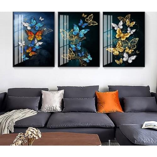 Room Cuadros Salon Big yelloow butterfly n Print Abstract Golden Blue Butterfly Wall Art Modern Wall Pictures For Living