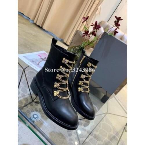 Newest Black Leather Gold Chains Women Flat Ankle Boots Fashion Round Toe Cross Metal Chains Brown Ladies Knight Short Boots