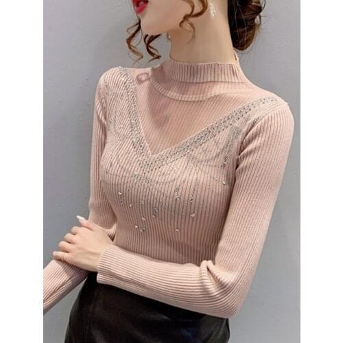 European new winter net yarn splicing knitwear fashion heavy hot drilling pattern sweater female tide women sweater